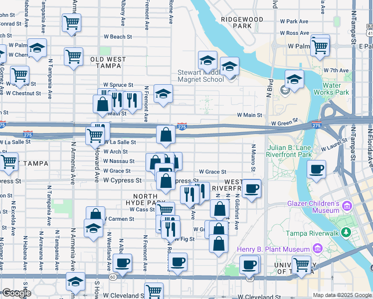 map of restaurants, bars, coffee shops, grocery stores, and more near 1536 West Arch Street in Tampa
