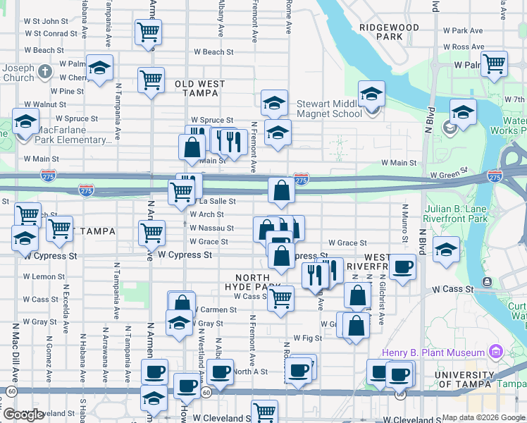 map of restaurants, bars, coffee shops, grocery stores, and more near 1710 West Arch Street in Tampa