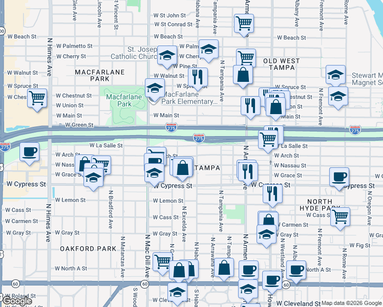 map of restaurants, bars, coffee shops, grocery stores, and more near 2904 West Arch Street in Tampa