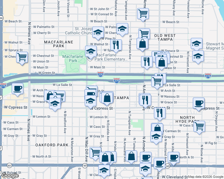 map of restaurants, bars, coffee shops, grocery stores, and more near 2904 West Arch Street in Tampa