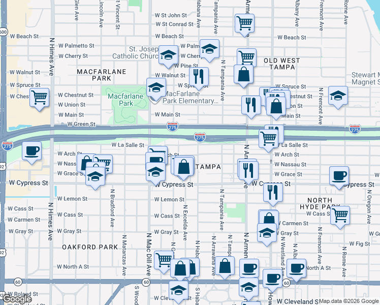 map of restaurants, bars, coffee shops, grocery stores, and more near 2904 West Arch Street in Tampa