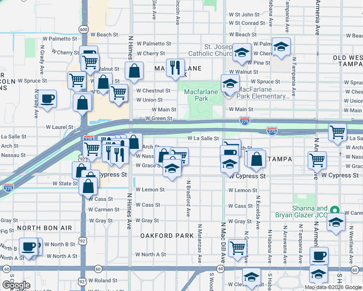 map of restaurants, bars, coffee shops, grocery stores, and more near 3224 West Arch Street in Tampa