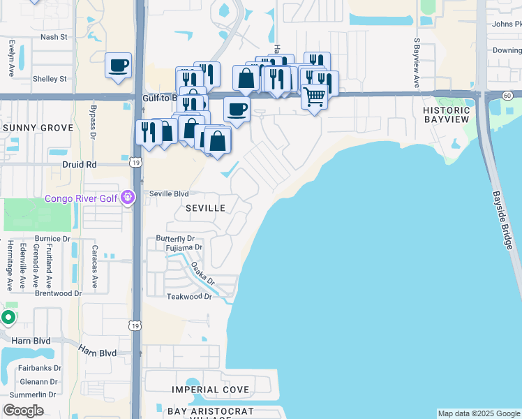 map of restaurants, bars, coffee shops, grocery stores, and more near 2729 Seville Boulevard in Clearwater