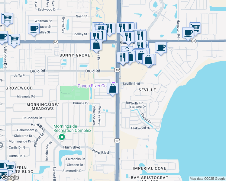 map of restaurants, bars, coffee shops, grocery stores, and more near 601 Sixth Street in Clearwater