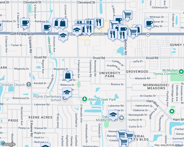 map of restaurants, bars, coffee shops, grocery stores, and more near 1009 Canterbury Road in Clearwater