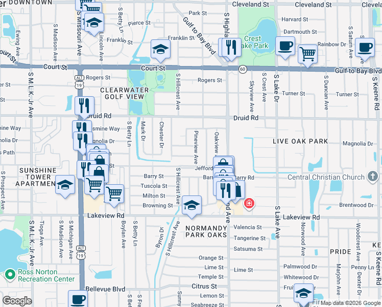 map of restaurants, bars, coffee shops, grocery stores, and more near 1417 Lotus Path in Clearwater