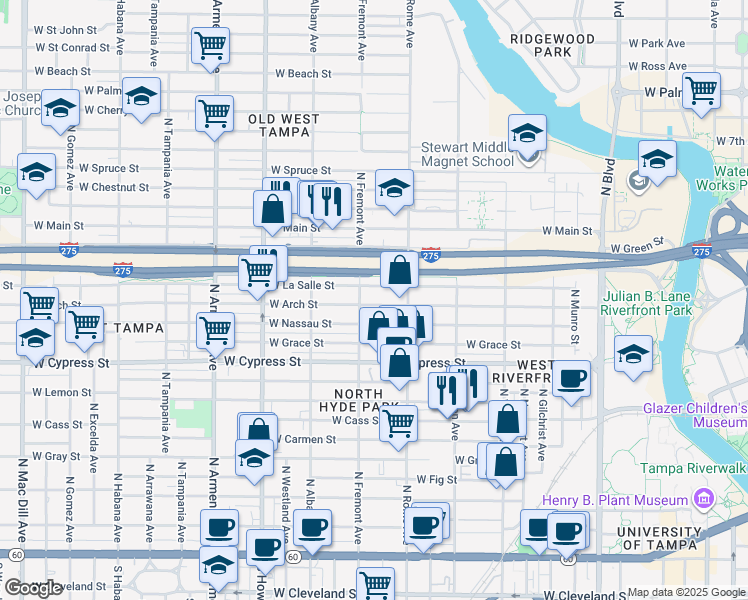 map of restaurants, bars, coffee shops, grocery stores, and more near 1710 West Arch Street in Tampa
