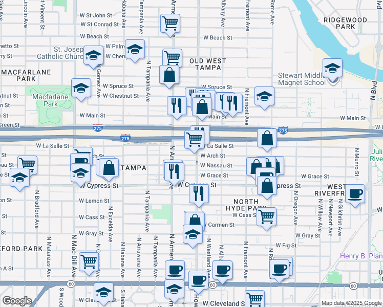 map of restaurants, bars, coffee shops, grocery stores, and more near 2305 West Arch Street in Tampa