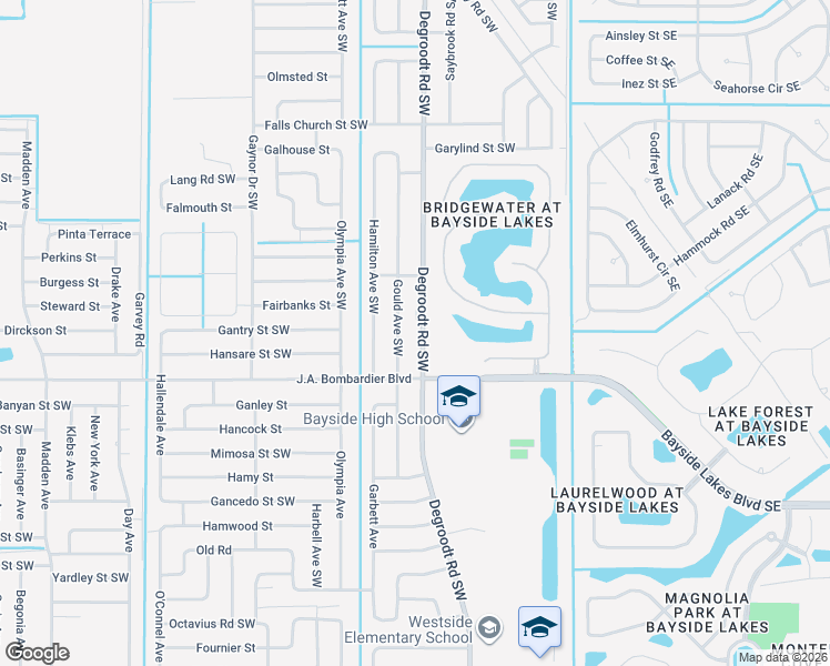 map of restaurants, bars, coffee shops, grocery stores, and more near 1800 Degroodt Road Southwest in Palm Bay