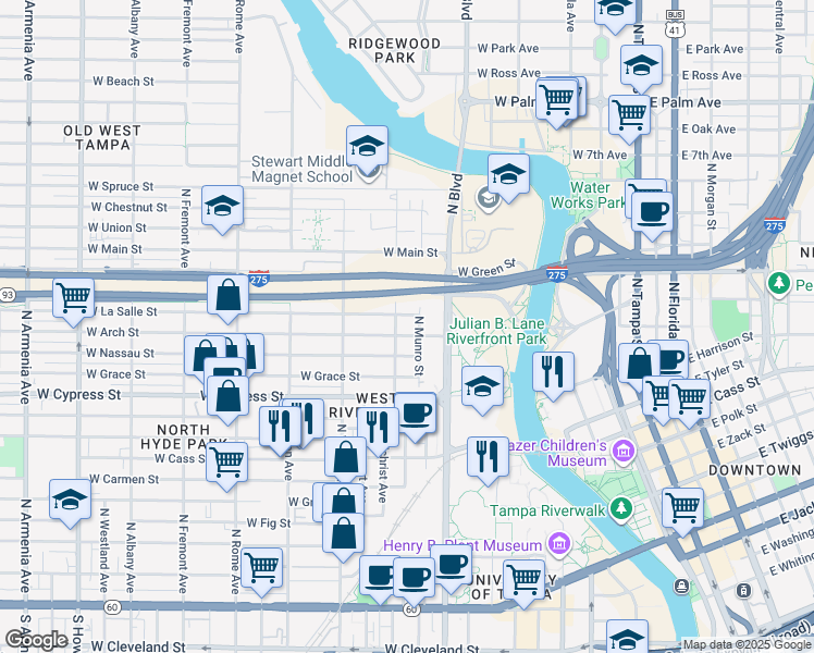map of restaurants, bars, coffee shops, grocery stores, and more near 1006 West Arch Street in Tampa