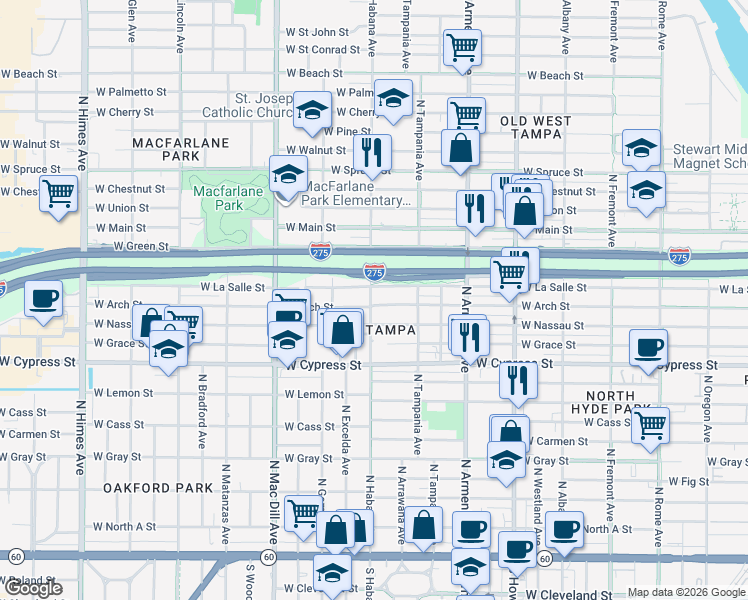 map of restaurants, bars, coffee shops, grocery stores, and more near 2904 West Arch Street in Tampa