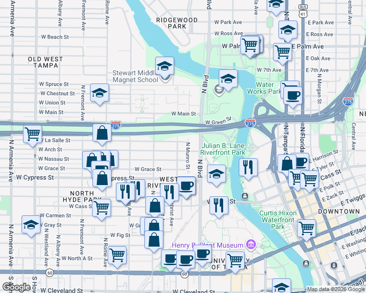 map of restaurants, bars, coffee shops, grocery stores, and more near 1006 West Arch Street in Tampa