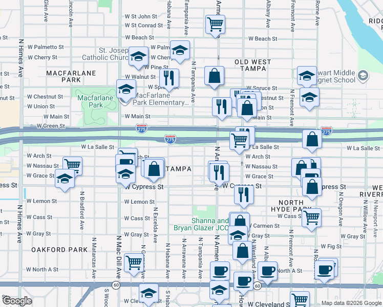 map of restaurants, bars, coffee shops, grocery stores, and more near 2602 West Arch Street in Tampa