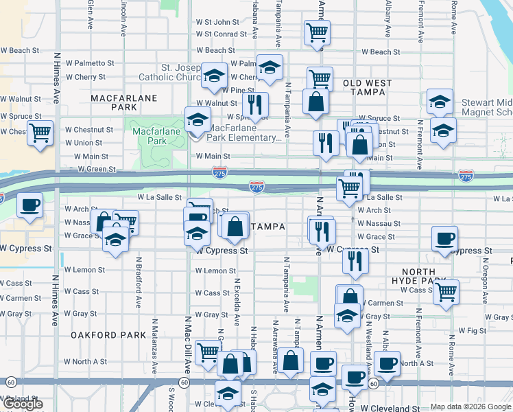 map of restaurants, bars, coffee shops, grocery stores, and more near 2904 West Arch Street in Tampa