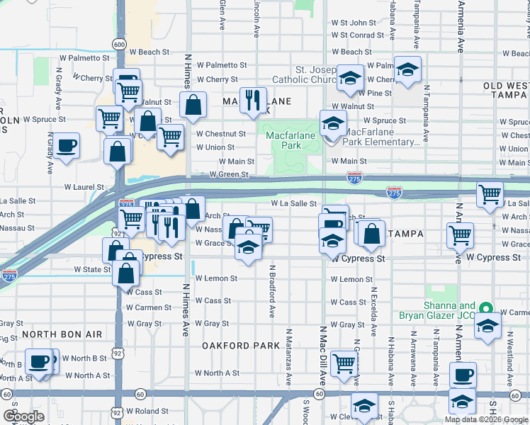 map of restaurants, bars, coffee shops, grocery stores, and more near 3224 West Arch Street in Tampa