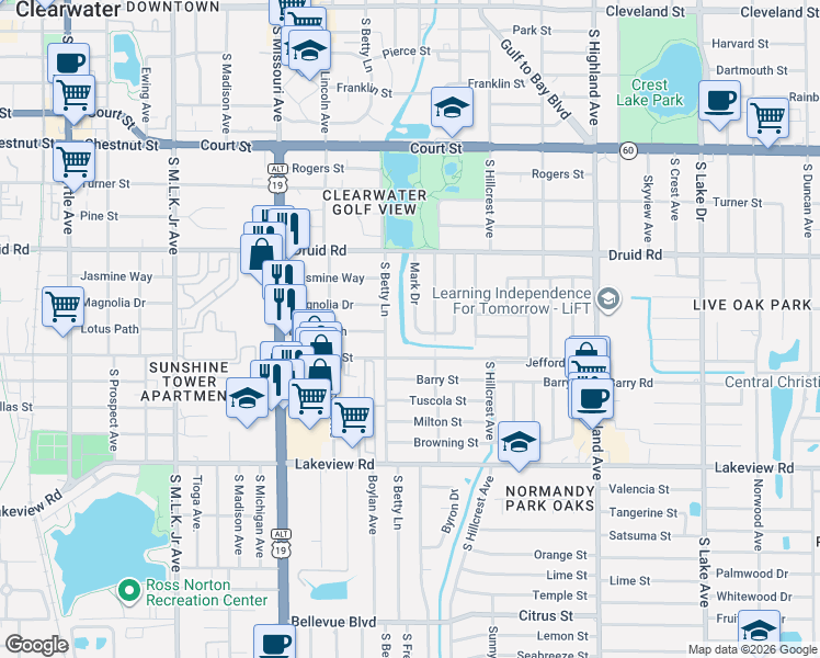 map of restaurants, bars, coffee shops, grocery stores, and more near 1024 Mark Drive in Clearwater
