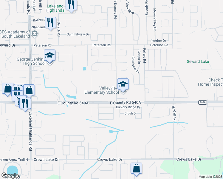 map of restaurants, bars, coffee shops, grocery stores, and more near 6111 Mayberry in Lakeland