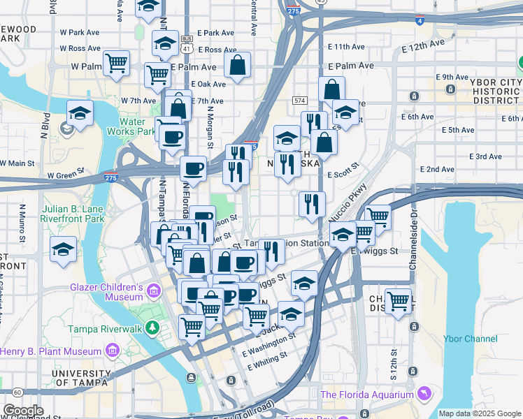 map of restaurants, bars, coffee shops, grocery stores, and more near 921 North Central Avenue in Tampa