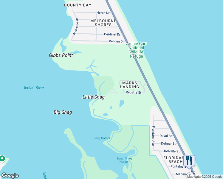 map of restaurants, bars, coffee shops, grocery stores, and more near 6240 Treetop Drive in Melbourne Beach
