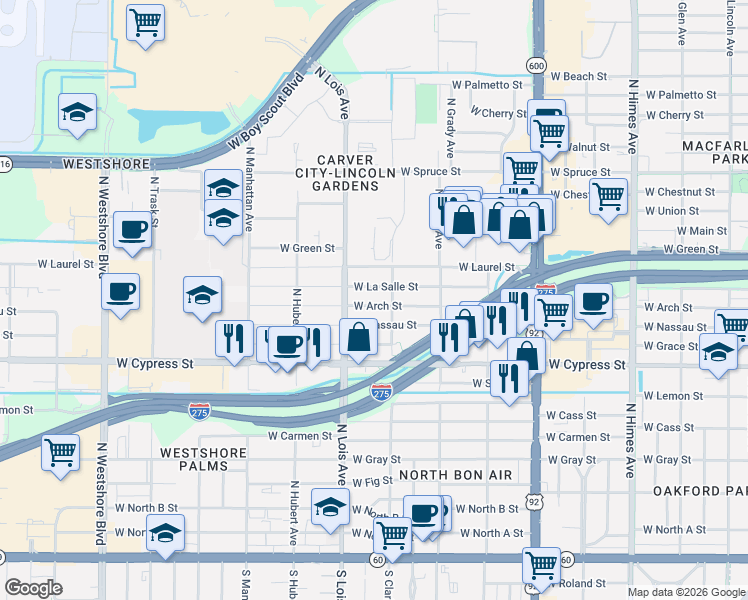 map of restaurants, bars, coffee shops, grocery stores, and more near 4101 West Nassau Street in Tampa