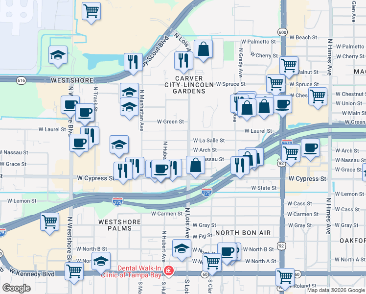 map of restaurants, bars, coffee shops, grocery stores, and more near 4213 West Nassau Street in Tampa