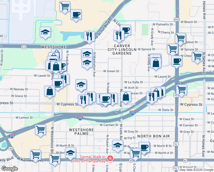 map of restaurants, bars, coffee shops, grocery stores, and more near 4307 West Nassau Street in Tampa