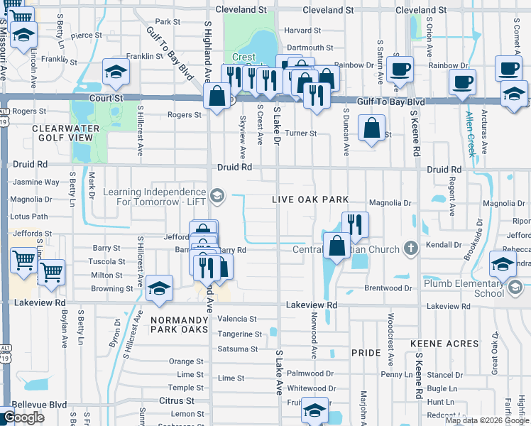 map of restaurants, bars, coffee shops, grocery stores, and more near 1583 Budleigh Street in Clearwater