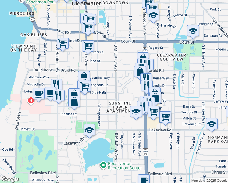 map of restaurants, bars, coffee shops, grocery stores, and more near 1005 Lotus Path in Clearwater