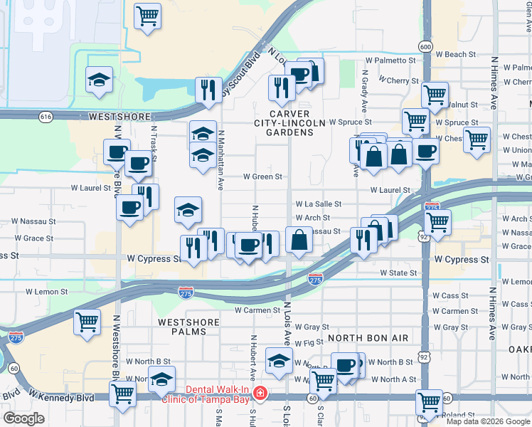 map of restaurants, bars, coffee shops, grocery stores, and more near 4217 West Arch Street in Tampa