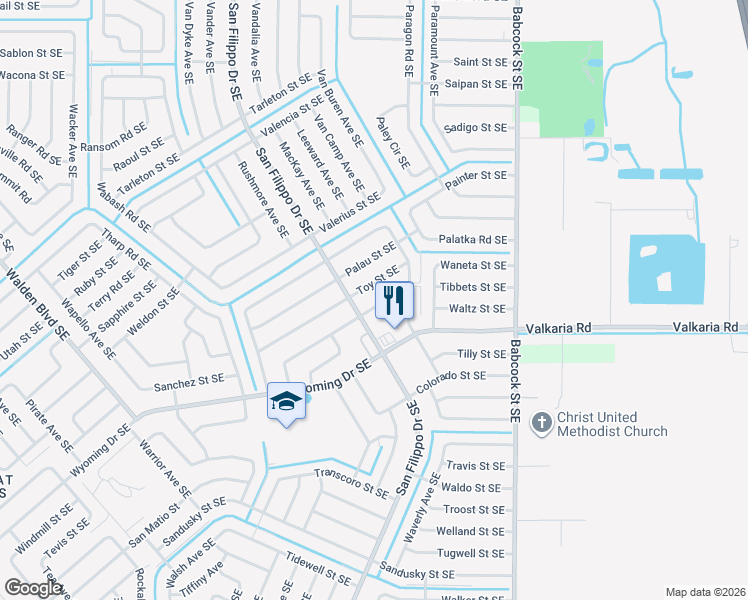 map of restaurants, bars, coffee shops, grocery stores, and more near 1556 Wigmore Street Southeast in Palm Bay