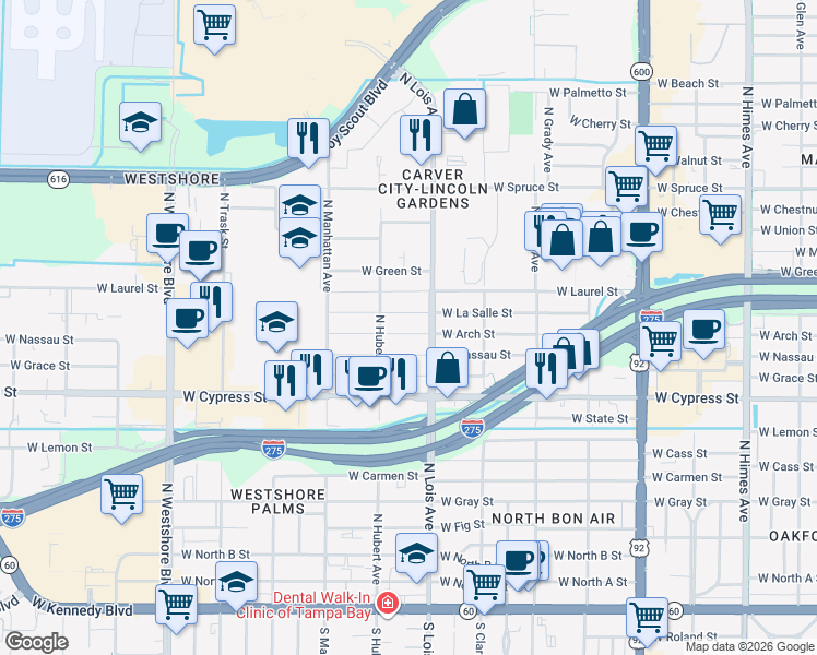 map of restaurants, bars, coffee shops, grocery stores, and more near 4213 West Nassau Street in Tampa