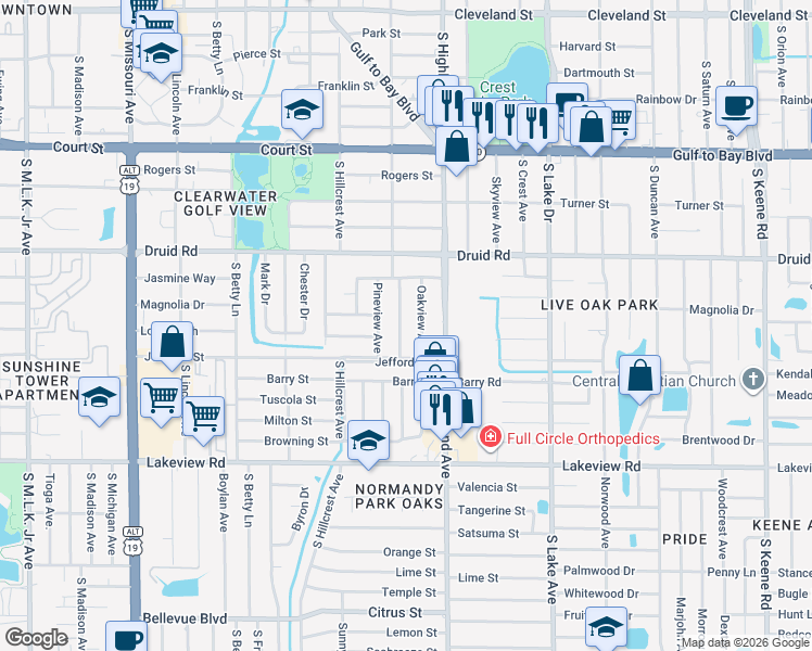 map of restaurants, bars, coffee shops, grocery stores, and more near 1101 Oakview Avenue in Clearwater