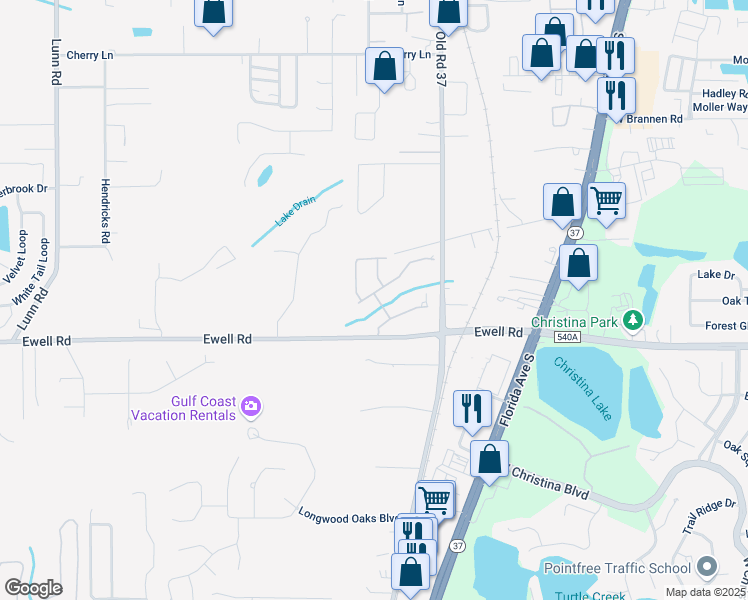 map of restaurants, bars, coffee shops, grocery stores, and more near 1082 Stoney Creek Drive in Lakeland