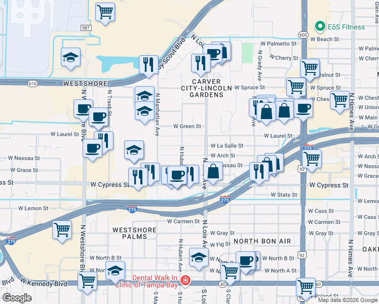 map of restaurants, bars, coffee shops, grocery stores, and more near 4217 West Arch Street in Tampa