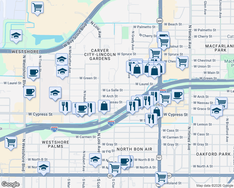 map of restaurants, bars, coffee shops, grocery stores, and more near 4101 West Nassau Street in Tampa
