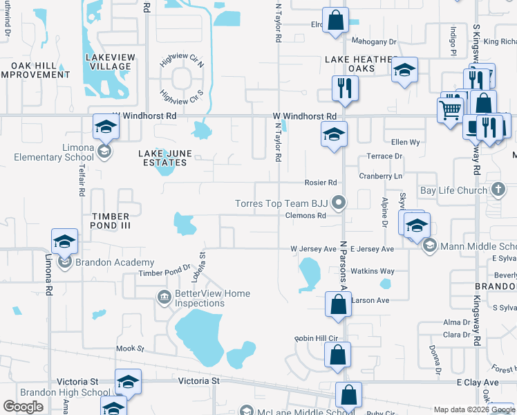 map of restaurants, bars, coffee shops, grocery stores, and more near 1006 Kenmore Drive in Brandon