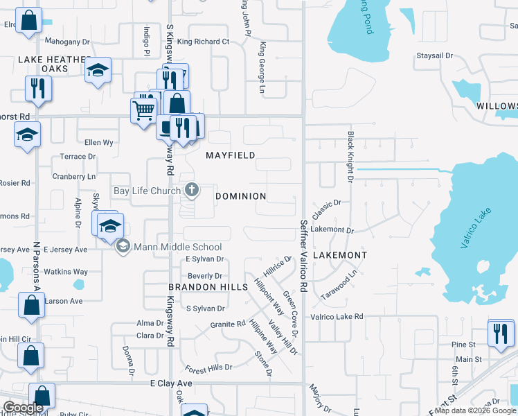 map of restaurants, bars, coffee shops, grocery stores, and more near 1043 Malletwood Drive in Brandon