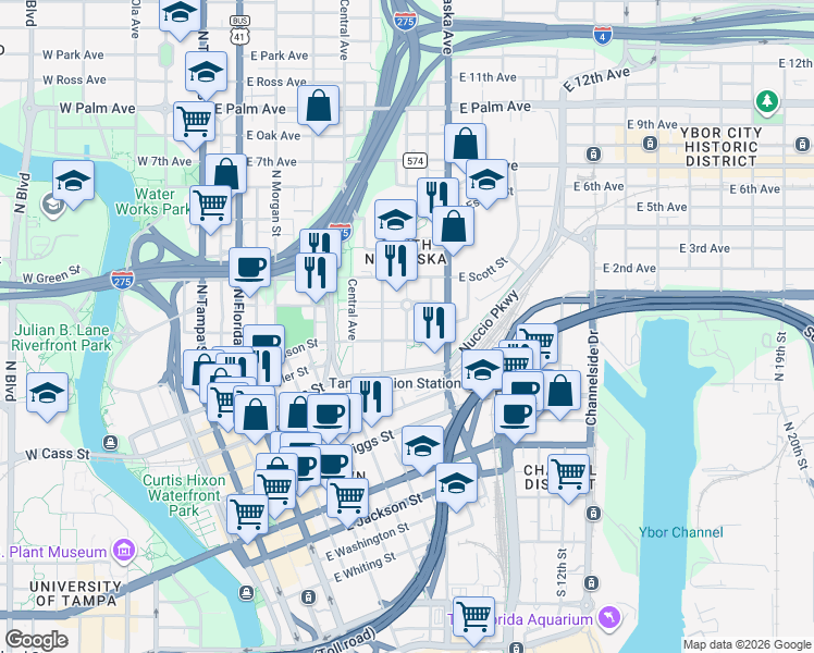 map of restaurants, bars, coffee shops, grocery stores, and more near 1101 East Harrison Street in Tampa