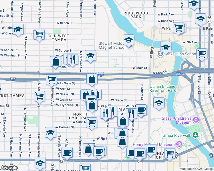 map of restaurants, bars, coffee shops, grocery stores, and more near 1500 West La Salle Street in Tampa
