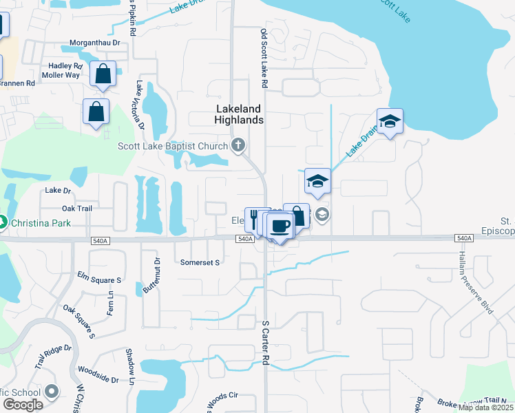 map of restaurants, bars, coffee shops, grocery stores, and more near 921 Point View Lane in Lakeland