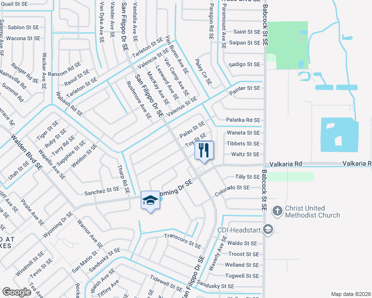 map of restaurants, bars, coffee shops, grocery stores, and more near 1140 San Filippo Drive Southeast in Palm Bay