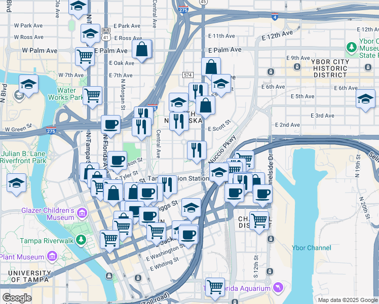 map of restaurants, bars, coffee shops, grocery stores, and more near in Tampa