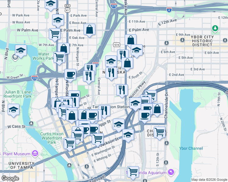 map of restaurants, bars, coffee shops, grocery stores, and more near 1101 East Harrison Street in Tampa