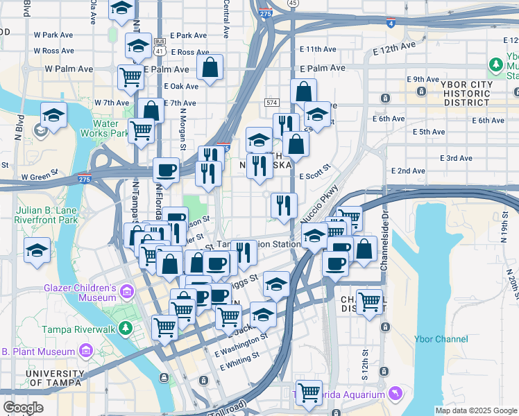 map of restaurants, bars, coffee shops, grocery stores, and more near 1101 East Harrison Street in Tampa