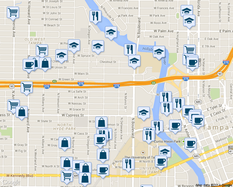map of restaurants, bars, coffee shops, grocery stores, and more near 1112 West Arch Street in Tampa