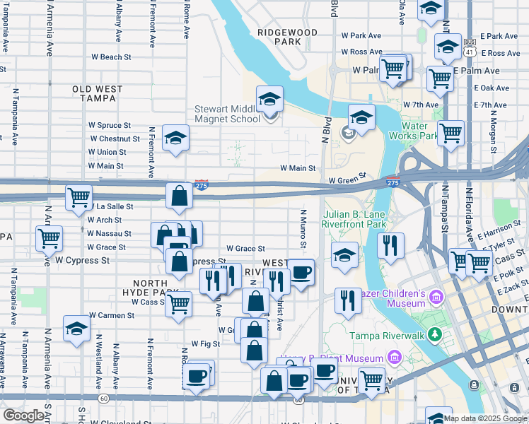map of restaurants, bars, coffee shops, grocery stores, and more near 1112 West Arch Street in Tampa