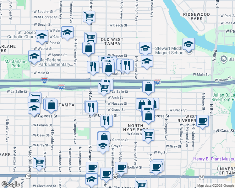 map of restaurants, bars, coffee shops, grocery stores, and more near 2128 West Arch Street in Tampa