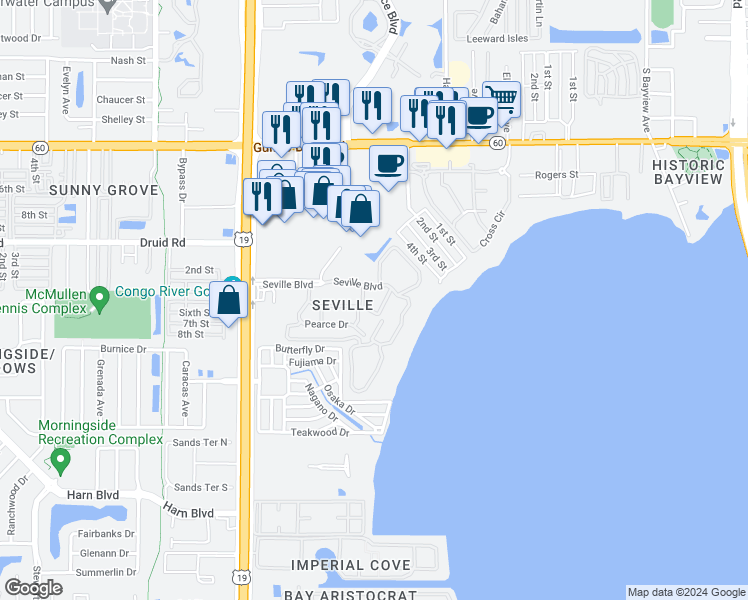 map of restaurants, bars, coffee shops, grocery stores, and more near 2650 Pearce Drive in Clearwater
