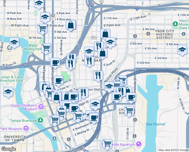map of restaurants, bars, coffee shops, grocery stores, and more near 1251 Ray Charles Boulevard in Tampa