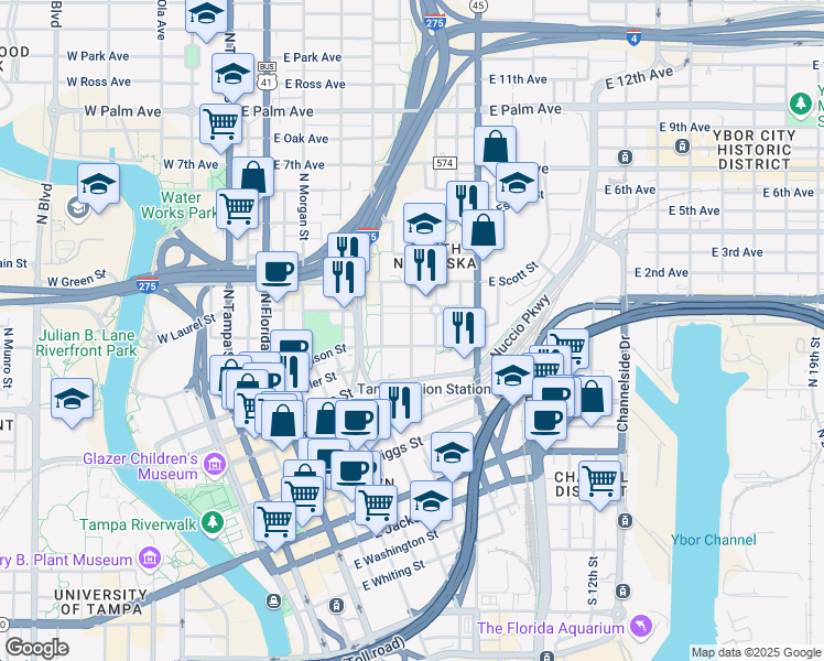 map of restaurants, bars, coffee shops, grocery stores, and more near Governor Street in Tampa